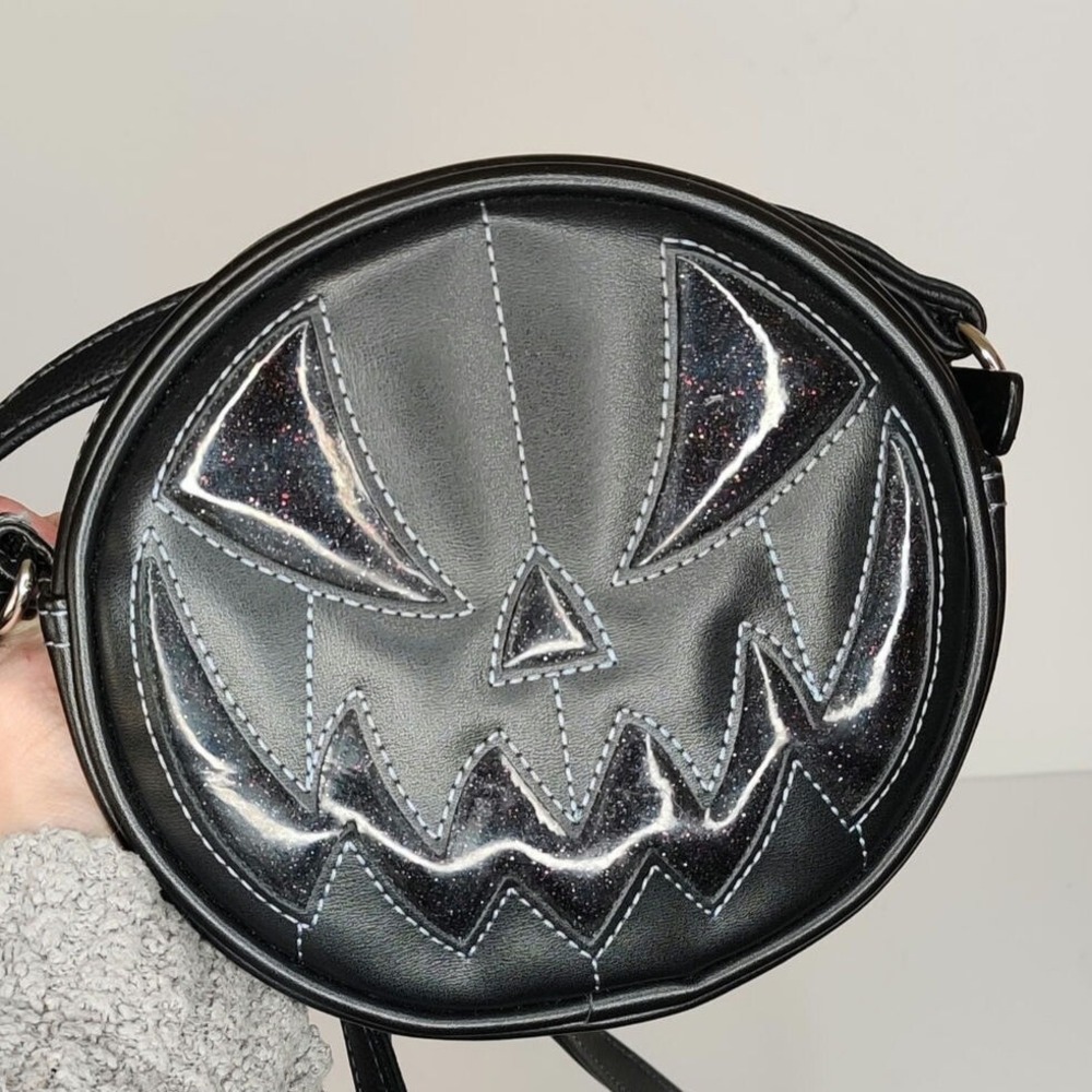 Love Pain and Stitches Pumpkin Kult Black Glitter Halloween Crossbody Bag